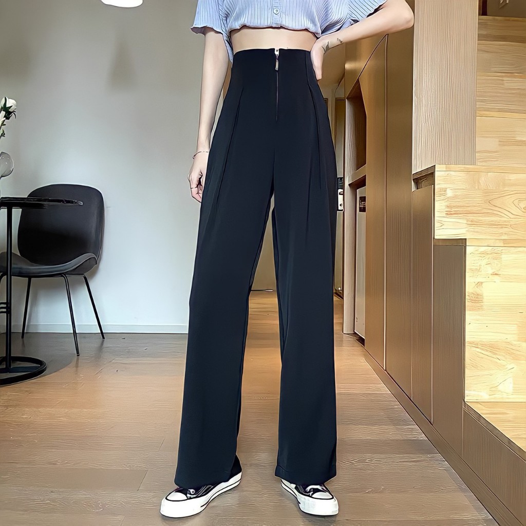 Quần Ống Rộng Liyan Lưng Cao Khóa Trước Cạp Liền, Quần Ống Suông Khóa Giữa Phong Cách Trẻ Trung QA03