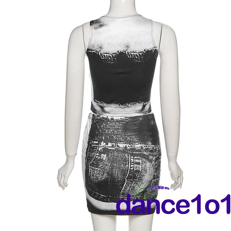 ✦Dd☌Set 2 Món Áo Sát Nách Cổ Tròn In Họa Tiết + Chân Váy Ôm Hông Dễ Thương