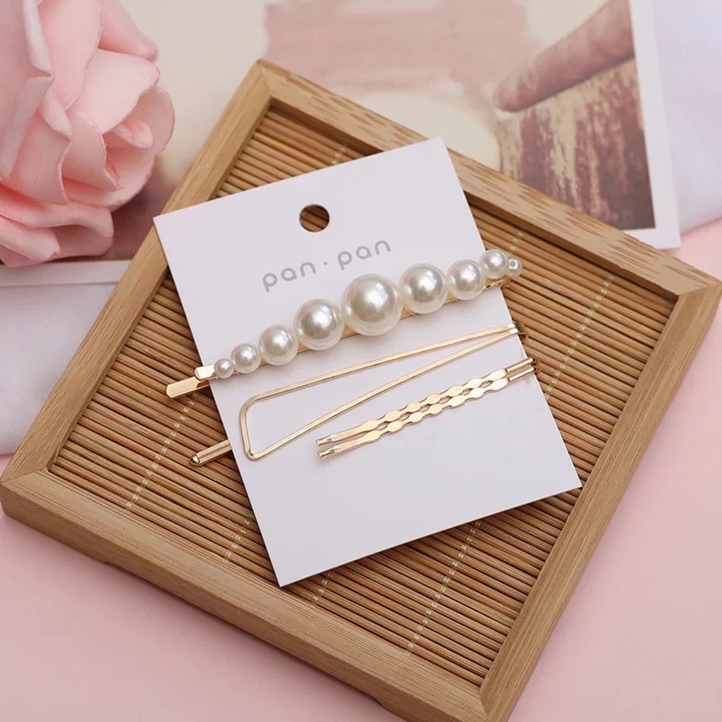 Set Kẹp Tóc Cài Tóc Kim Loại Nhỏ Bé Đính Đá Ngọc Trai Giả Phong Cách Hàn Quốc Đơn Giản