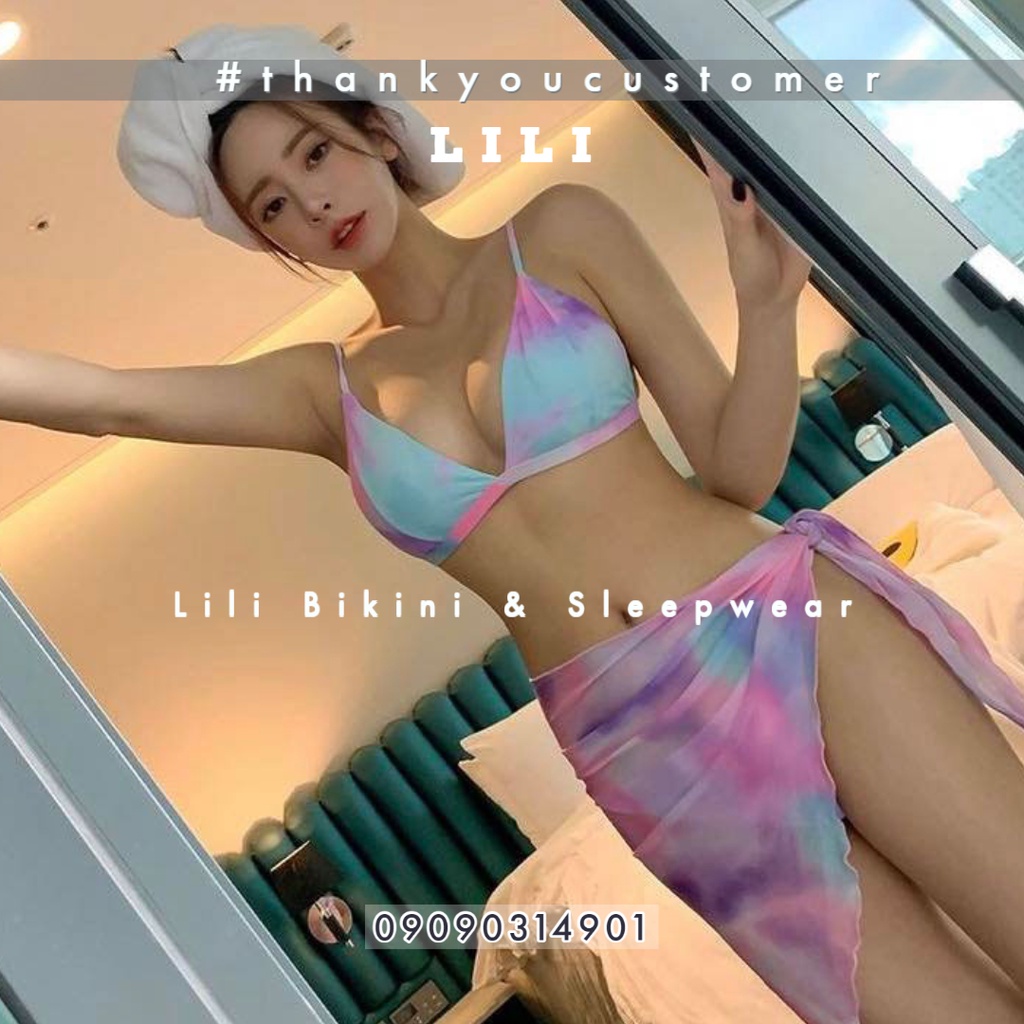 Bộ đồ bơi bikini ba mảnh kèm váy kín đáo màu loang cầu vồng siêu đẹp độc đáo thời trang Hàn Quốc