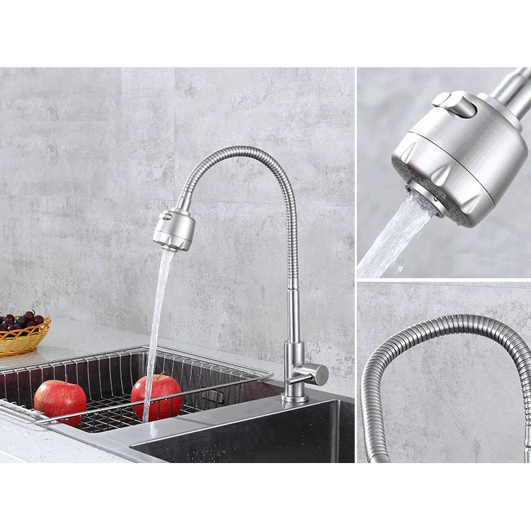 Vòi rửa chén lạnh lò xo dẻo inox 304 cắm chậu, vòi chén dẻo, 2 chế độ nước, tăng áp