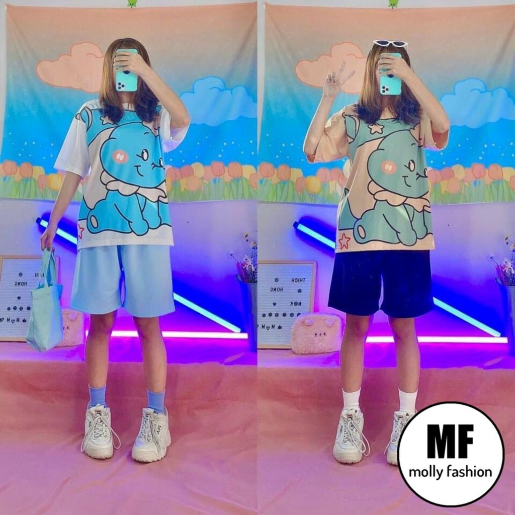 Set đồ bộ hoạt hình ❤️ Bộ mặc nhà Cartoon VOI XANH form rộng Freesize nam nữ Molly Fashion