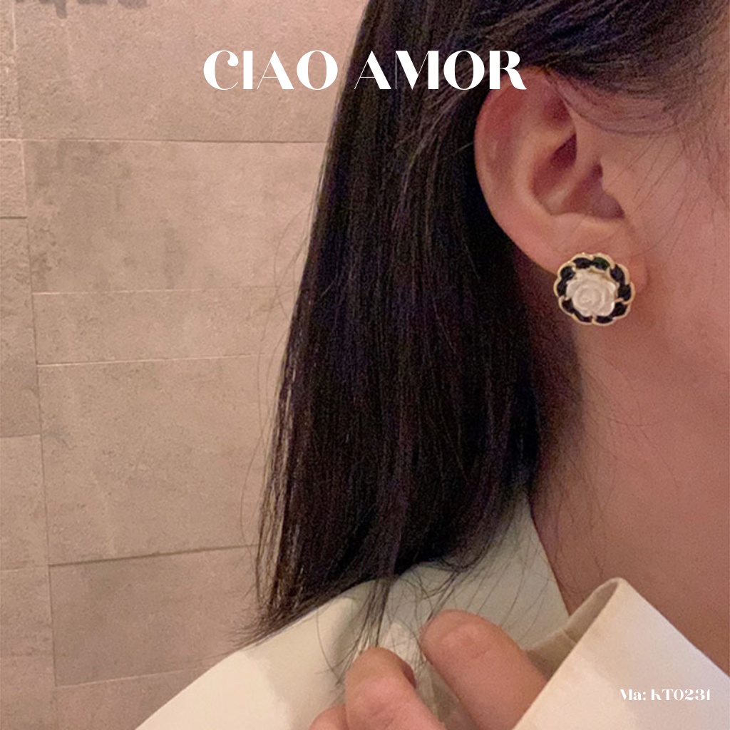 KT0231-Khuyên tai nữ, Hoa tai bạc 925 hoa hồng trắng viền đen Trang sức Ciao Amor