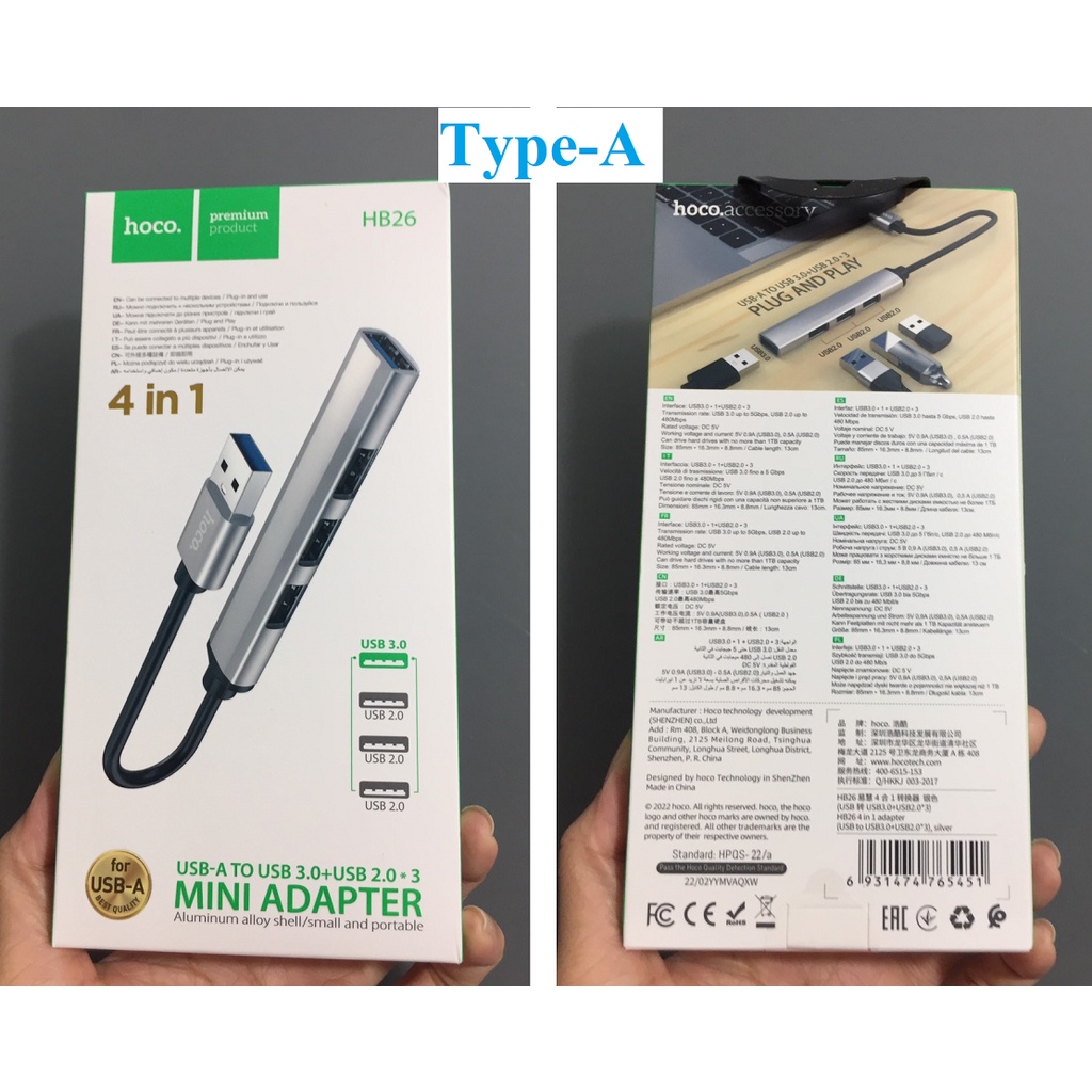 Hub / bộ chuyển cổng Type-C / USB 4 in 1 hoco HB26