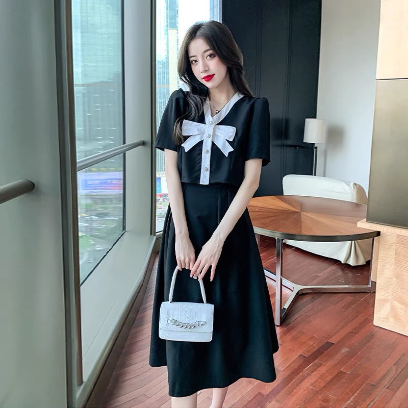 [HÀNG QCCC] - SET váy ulzzang tiểu thư cổ nơ cúc ngọc - B50 - jannahouse