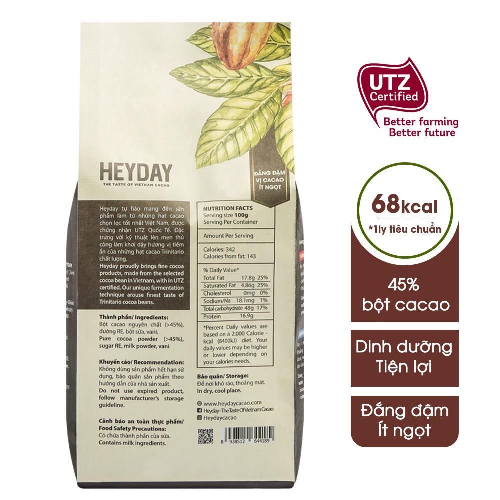 Túi 500g Bột cacao sữa 3in1 Xocolatl Bold gu đắng đậm - Heyday Cacao