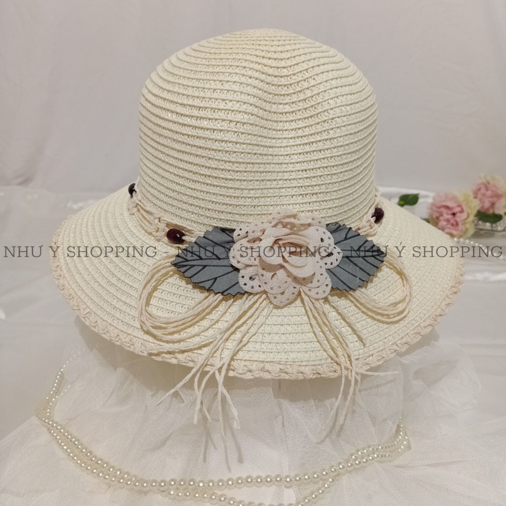 Nón cói,mũ cói nữ đi biển vành nhỏ viền bo cách điệu phối hoa lá dập ly vintage_q12 hoa lá dập ly