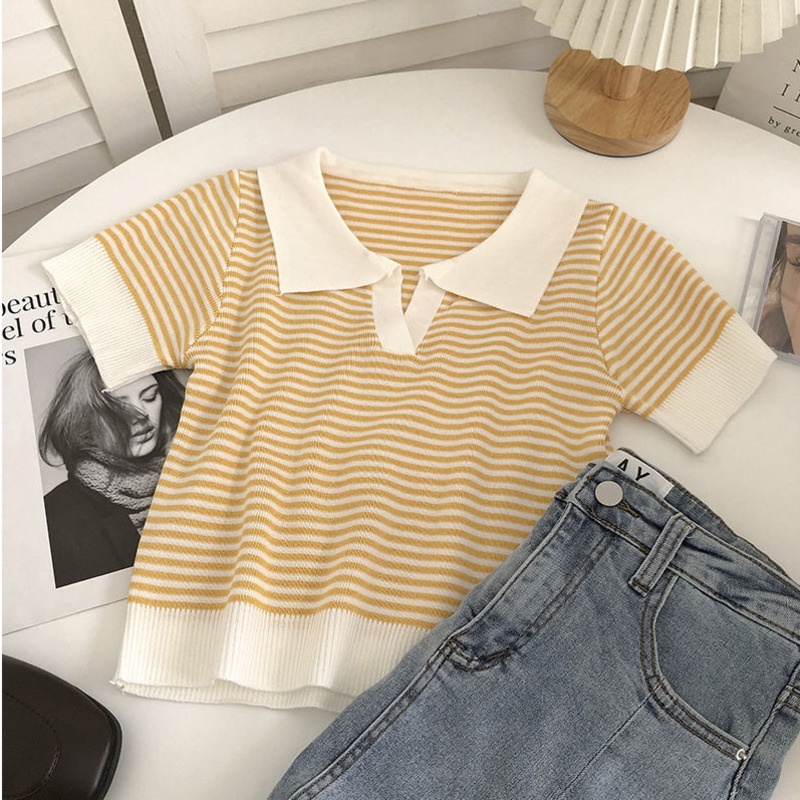 Áo Len Dệt Kim Ngắn Co Giãn Họa Tiết Kẻ Sọc Nhiều Màu Sắc Phong Cách Hàn Quốc Thời Trang Mùa Hè Cho Nữ