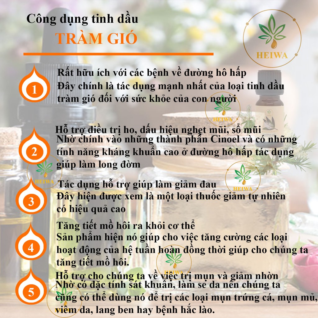 Tinh dầu Tràm gió HEIWA, dung tích 50ML nhập khẩu Ấn Độ có giấy kiểm định đuổi muỗi xông phòng hiệu quả