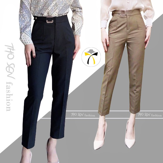 Quần Baggy Nữ Công Sở Đai Vuông, Màu Đen, Nâu Tây Sang Trọng. Chất Vải Vitex Cao Cấp, Cạp Cao