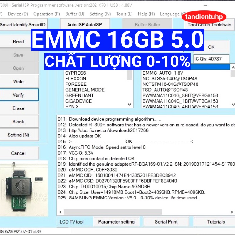 Ổ CỨNG HAY CÒN GỌI BỘ NHỚ TRONG EMMC 16GB : KLMAG2GEND-B031 5.0, KLMAG1JETD-B041 5.1 LÀM LẠI CHÂN, CHẤT LƯỢNG TỐT 0-10%