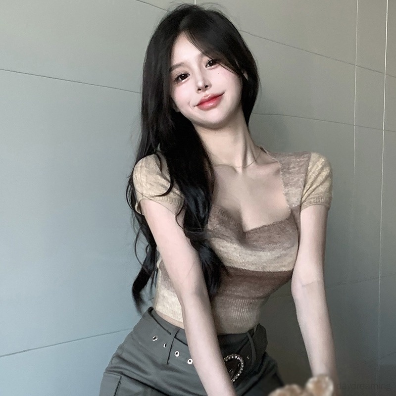 Áo Thun Croptop Dệt Kim Tay Ngắn Cổ Vuông Dáng Ôm Phong Cách Hàn Quốc Cho Nữ