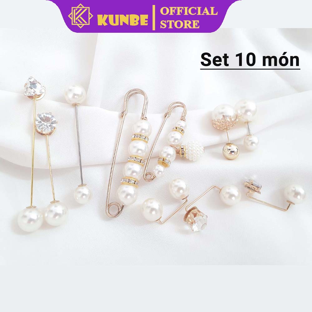 Set Ghim Trâm Cài Áo Ngọc Trai 2 Đầu KUNBE, Kiểu Dáng Mới Thiết Kế Sang Trọng Phong Cách Thời Trang