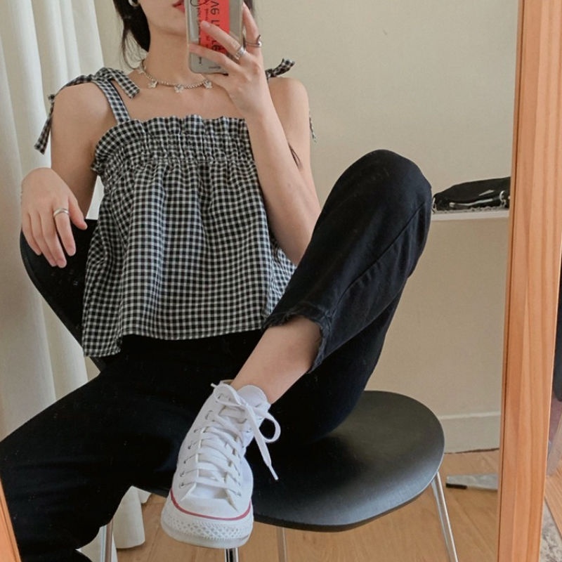 Áo Hai Dây Dáng Rộng Kẻ Sọc Caro Phong Cách Hàn Quốc Thời Trang Mùa Hè Hàng Mới 2022 Dành Cho Bạn Nữ