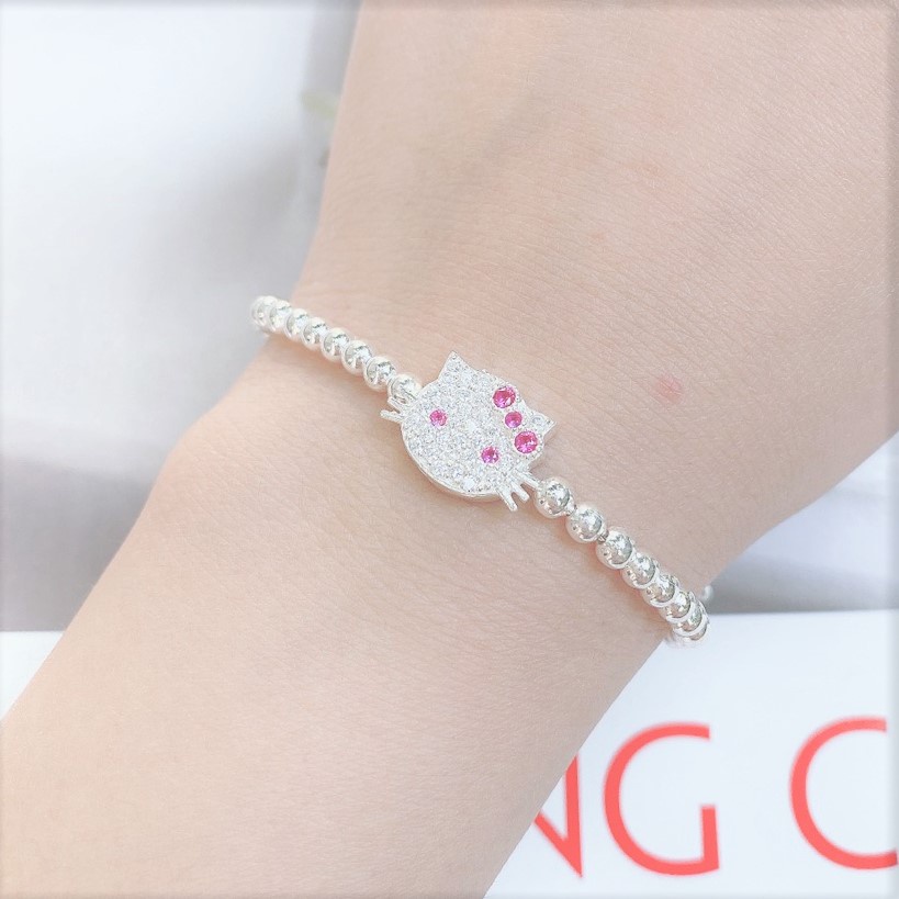 Lắc tay bi bạc hình mặt mèo cho bé gái, Vòng tay chất liệu bạc ta cao cấp
