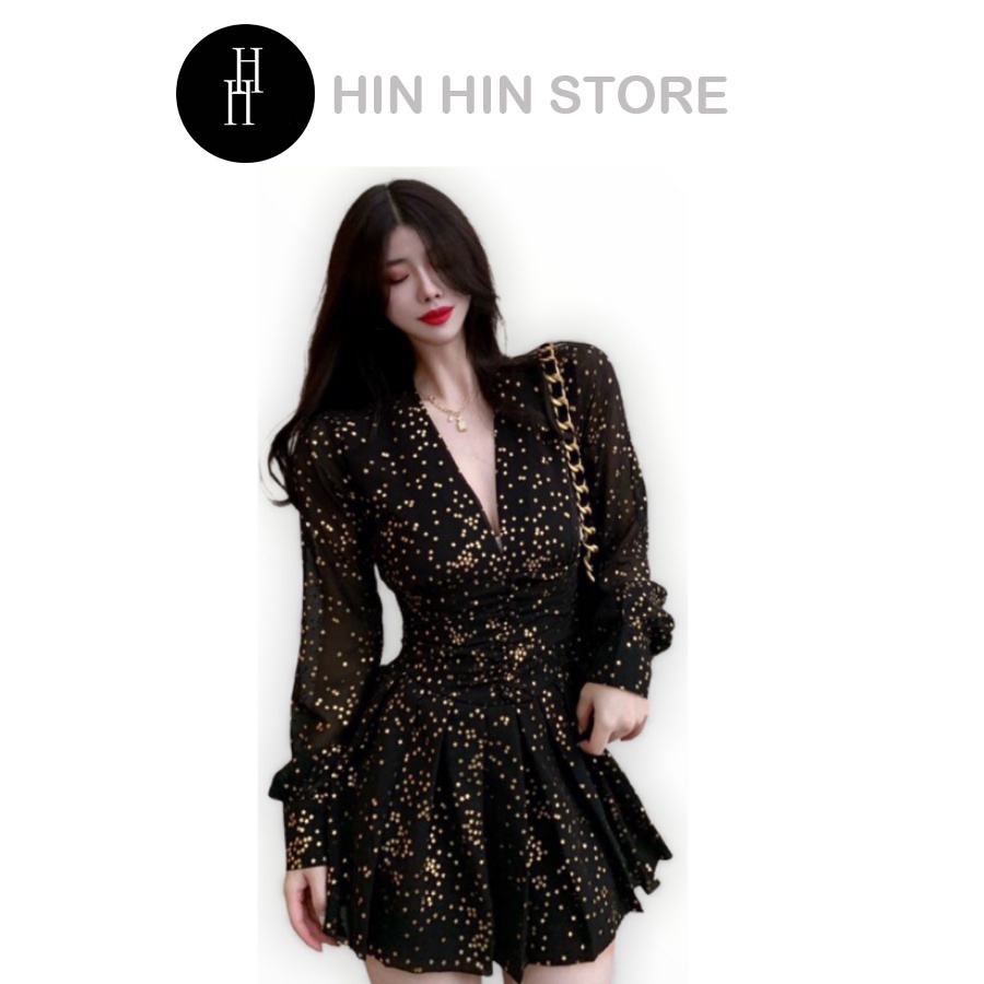 Đầm xòe thắt eo, cổ chữ V, tay phồng ánh nhũ HDT227 Hỉn Hỉn Store
