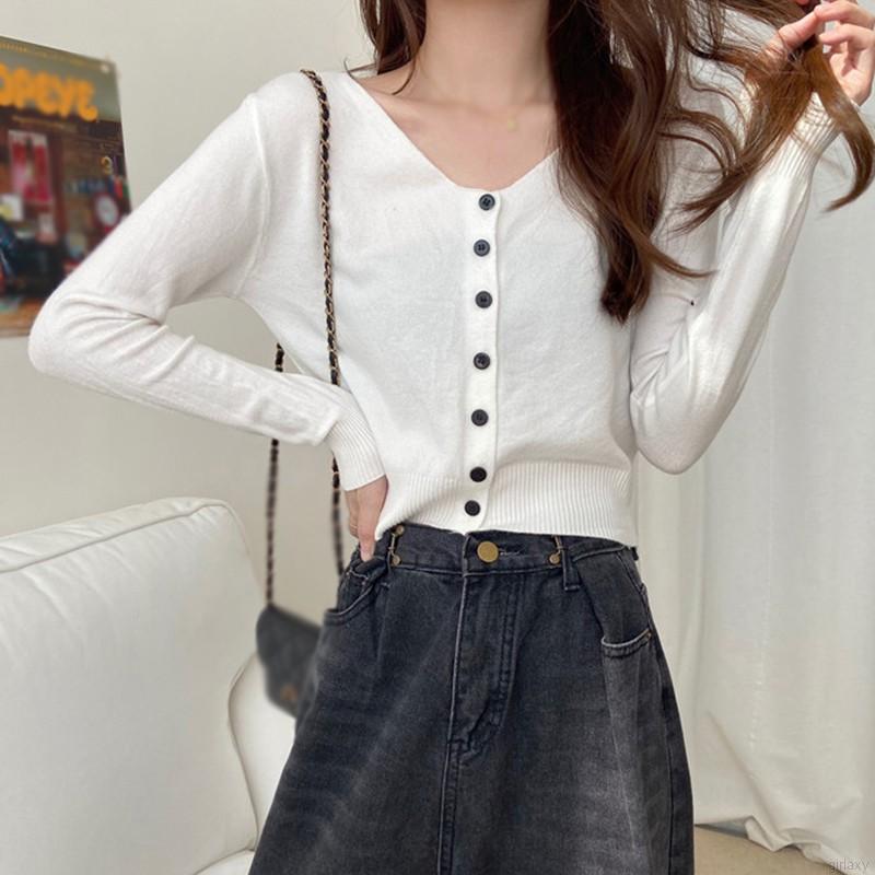 Áo Cardigan Dệt Kim Tay Dài Cổ Chữ V Màu Trơn Thiết Kế Đơn Giản Phong Cách Hàn Quốc Cho Nữ