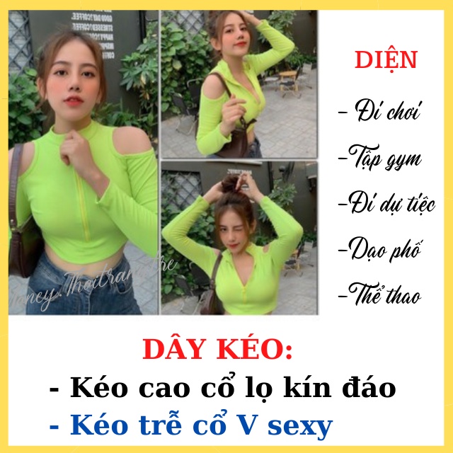 [MUA  2 TẶNG 1] Áo Croptop Nữ Hở Vai Tay Dài Dây Kéo Cổ Lọ, Áo Crt Thun Gân Nữ Khoét Vai Dài Tay Cổ Cao Kiểu ÔmFreesize