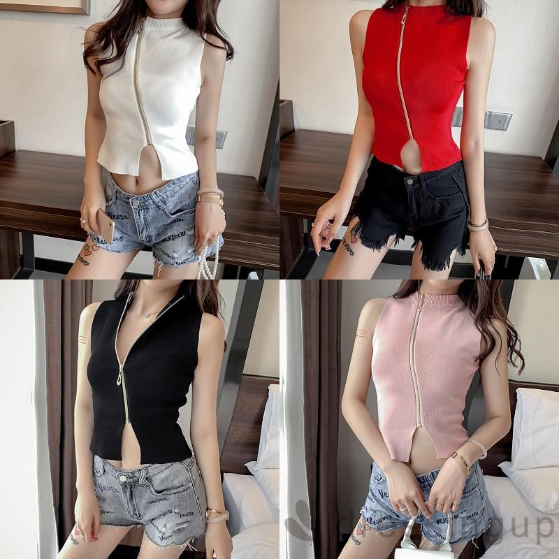 Áo Croptop Không Tay Cổ Tròn Khóa Kéo Màu Trơn / Đỏ / Đen / Trắng / Hồng Cho Nữ