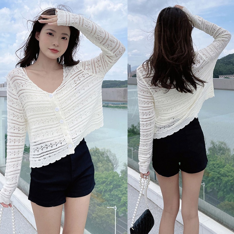 Áo Croptop Mỏng Tay Dài Cổ Chữ V Cài Nút Xuống Chống Nắng Thời Trang Cho Nữ