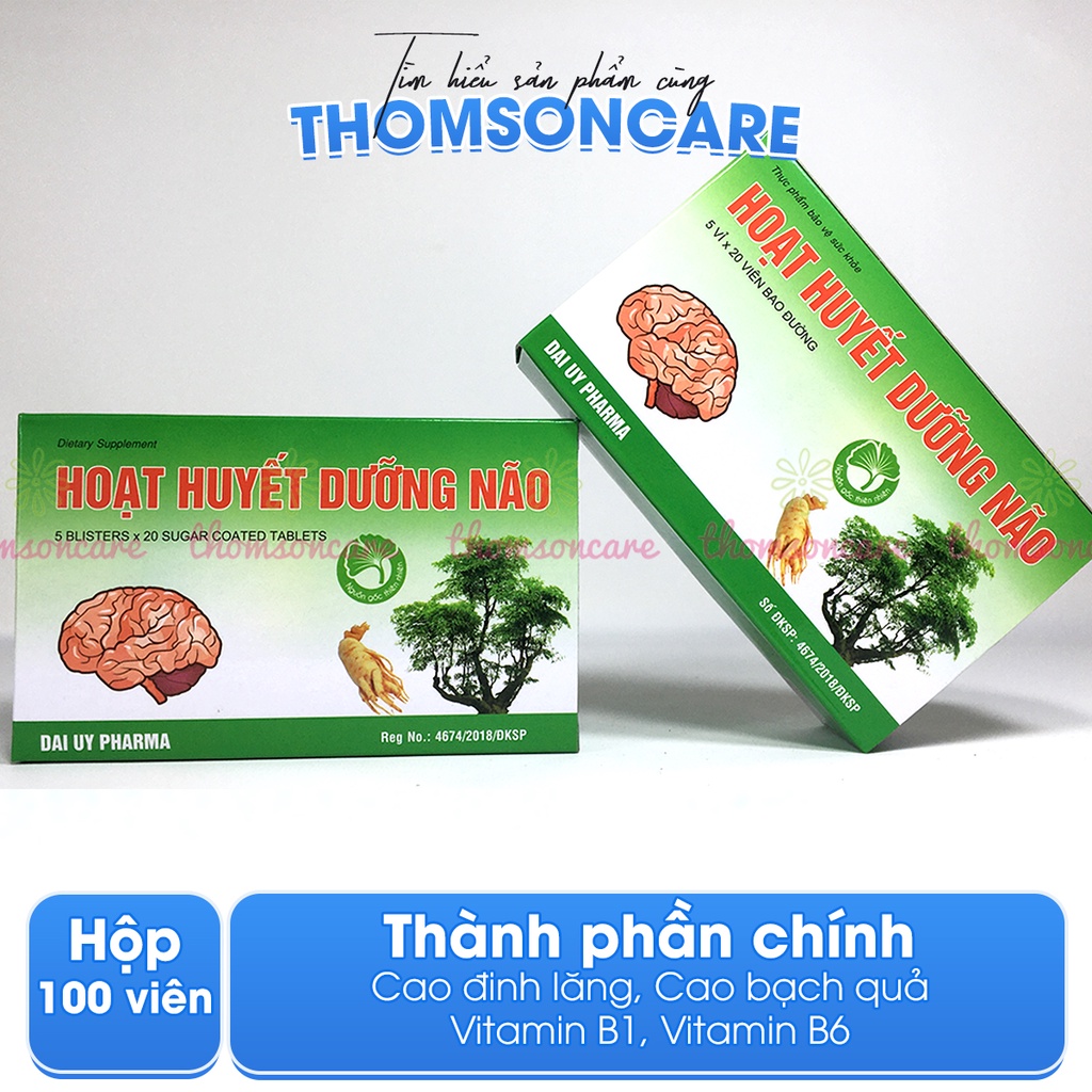 Hoạt huyết dưỡng não - Hộp 100 viên bao đường - tuần hoàn não, Dược Đại Uy, từ đinh lăng, bạch quả