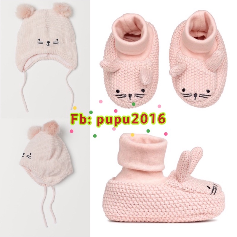 Set nón và 2 đôi tất thỏ hồng sơ sinh Hm dư xịn