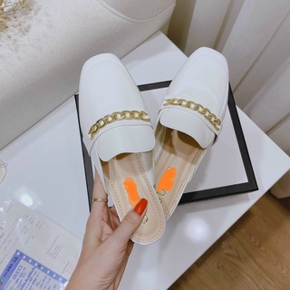 HÀNG SẴN Dép nữ- sục nữ mũi vuông mix xích vàng 2 màu đen trắng phong cách( sục xích trơn)