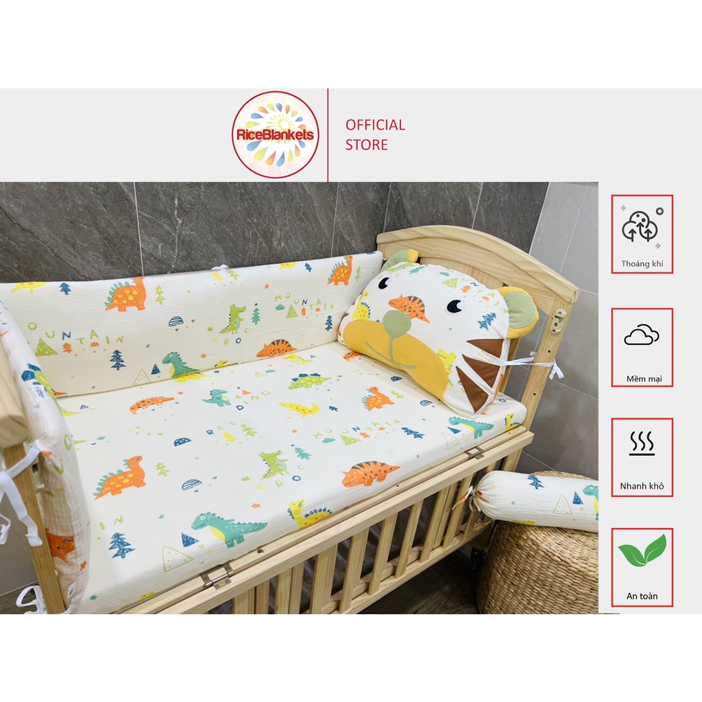 Bộ quây cũi Khủng long dino 62x114 Muslin thương hiệu RiceBlankets