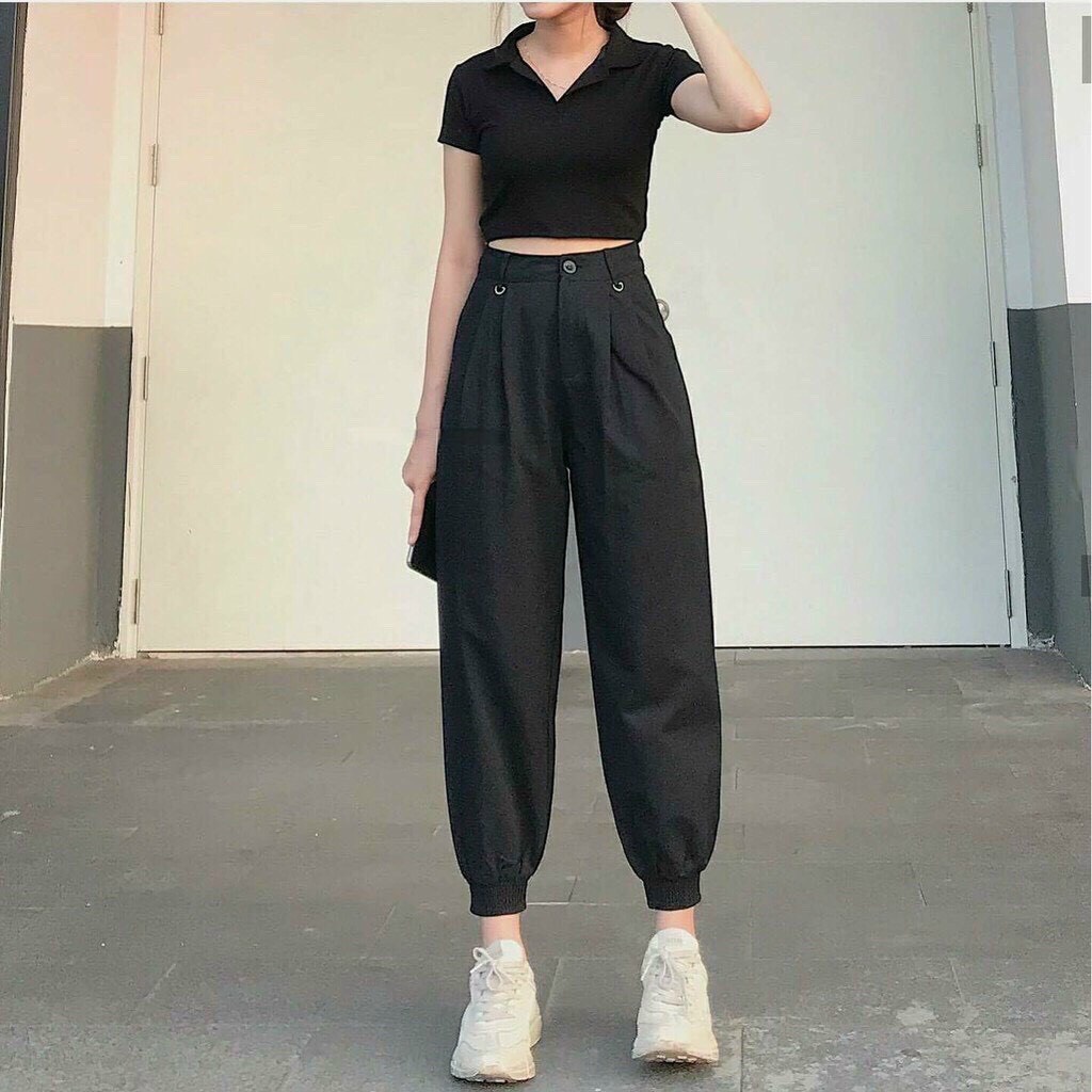 áo kiểu croptop cổ bẻ màu trơn