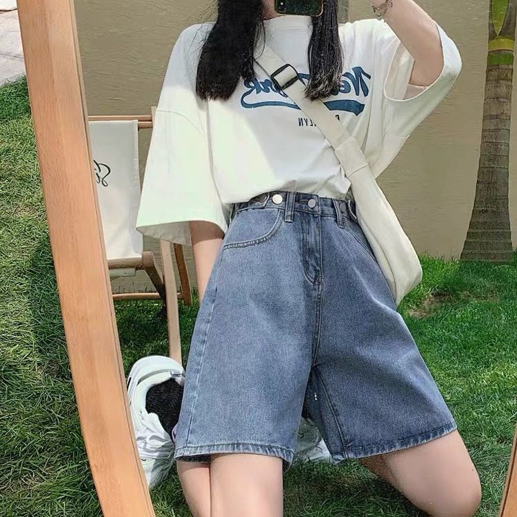 Quần Short Denim Cạp Cao Ống Rộng Thời Trang Hè 2022 Mới Cho Nữ