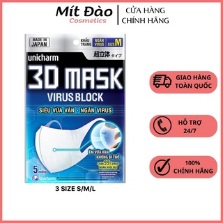 Khẩu trang ngăn vi khuẩn Unicharm 3D Mask Virus Block size S/M/L gói 5 cái