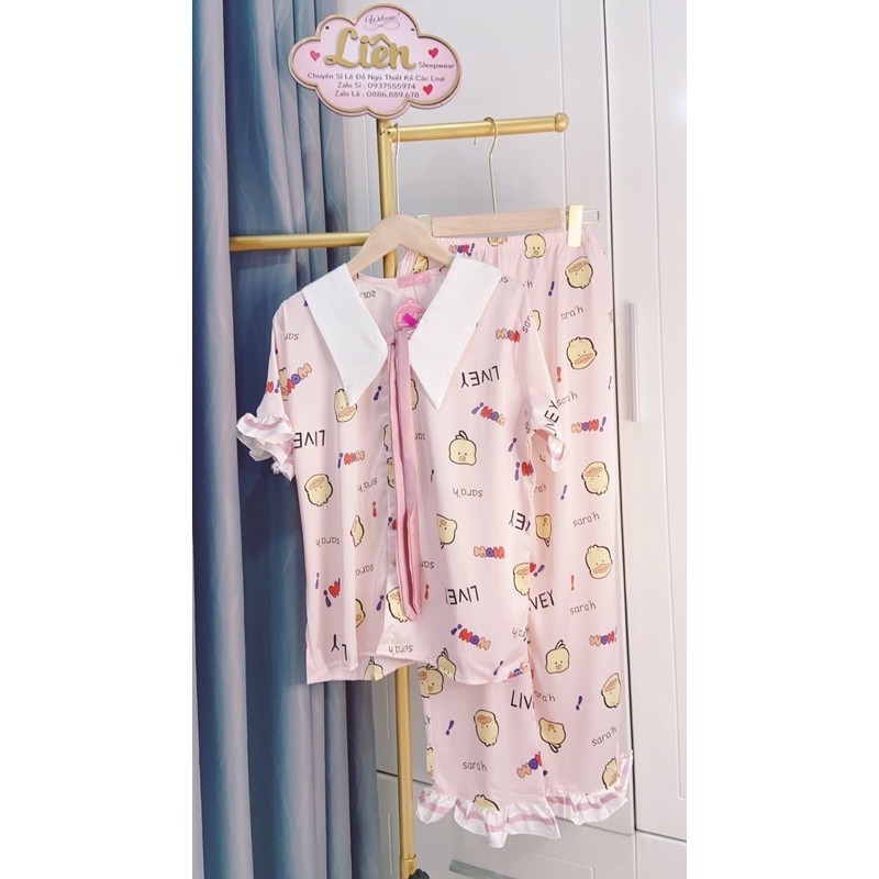 Bộ mặc nhà Pijama cổ bèo nơ tiểu thư (Tay ngắn Quần dài)