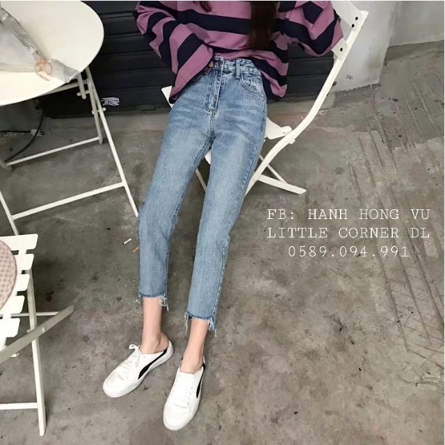 Quần slim baggy jeans nữ tua lai cắt gấu ulzzang lưng cao kèm ảnh thật