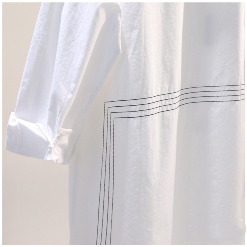 Đầm Sơ Mi cotton Tay Dài Dáng Rộng Thêu Họa Tiết Màu Trắng Đen Thời Trang Hàn Quốc Cho Nữ