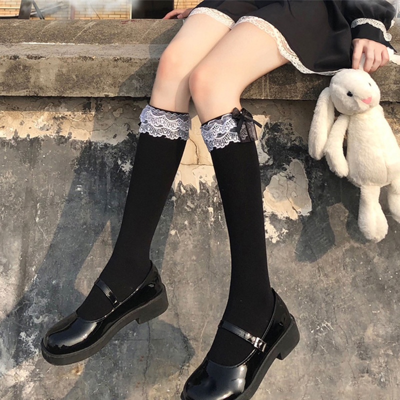 Vớ cotton cao đến đầu gối viền nhún bèo đính nơ màu trắng/đen phong cách lolita nhật bản ngọt ngào cho nữ