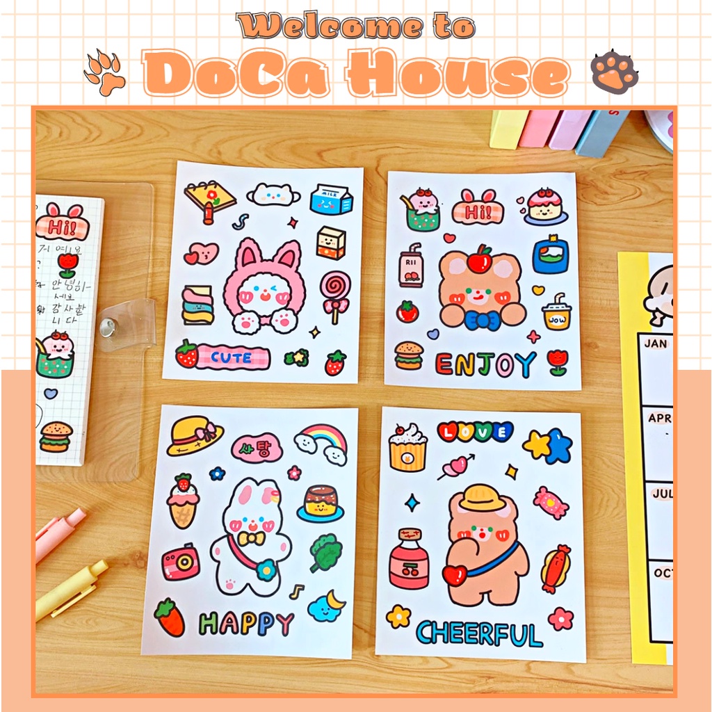 Miếng dán sticker gấu thỏ dễ thương, sticker trong suốt DOCA chống nước trang trí sách vở sổ tay, decor bàn học đồ dùng