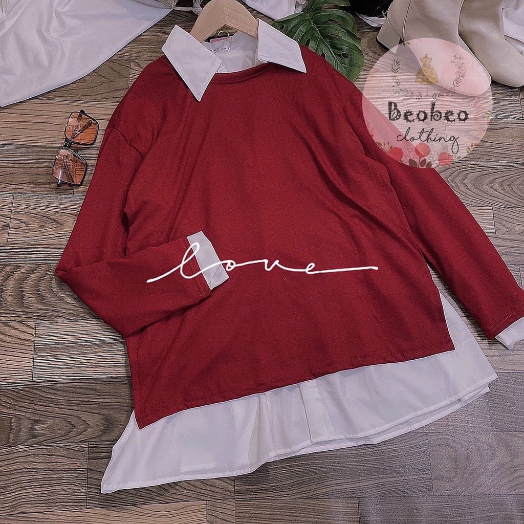 Set đầm sơ mi trắng tay dài kèm áo gile đỏ vintage