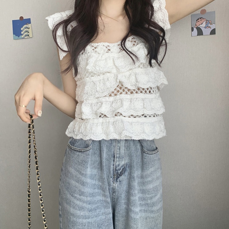 Áo Croptop Không Tay Viền Ren Nhiều Lớp Cổ Vuông Thời Trang Cho Nữ