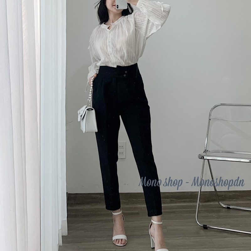 Áo sơ mi cổ tròn sọc ren dài tay cột nơ Ảnh thật/ sẵn