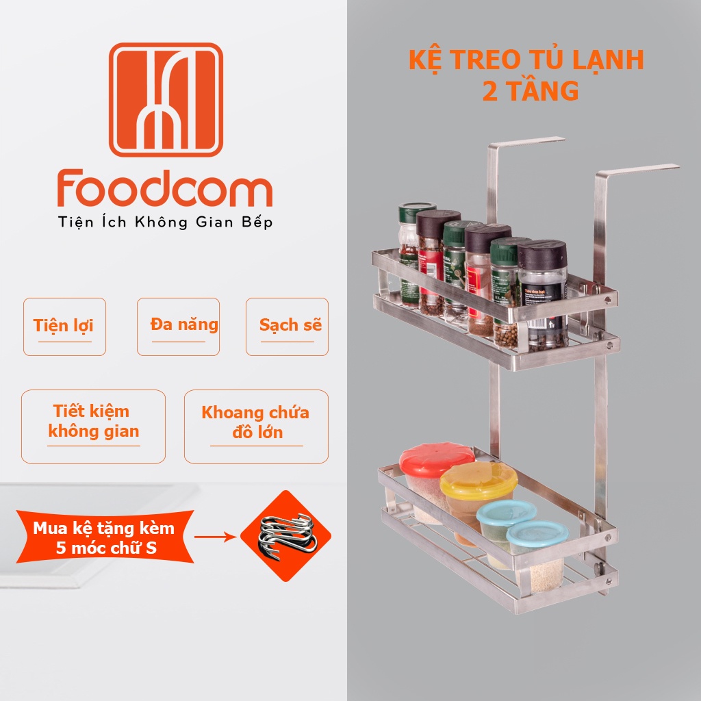 Kệ treo tủ lạnh 2 tầng Foodcom, chất liệu inox cao cấp có keo 3M chắc chắn, đựng đồ tiện dụng.