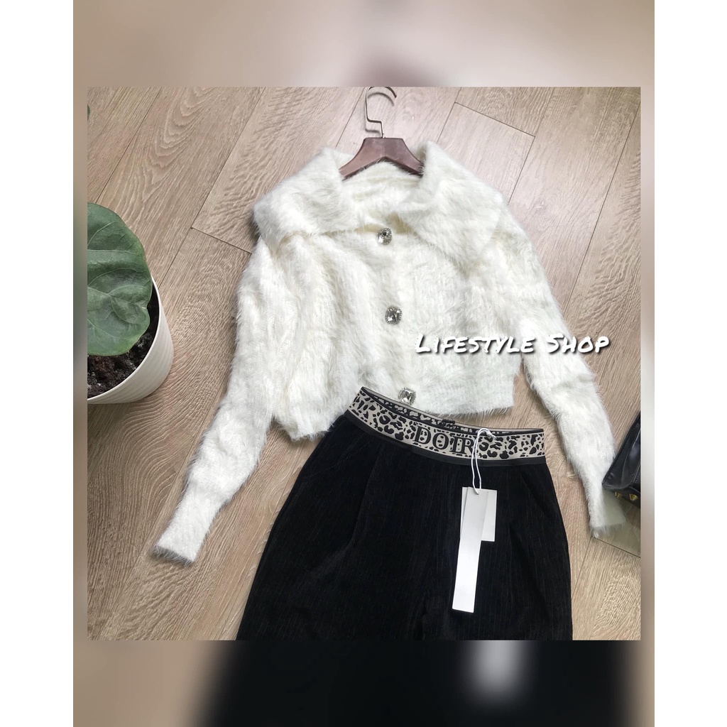 Áo len lông cổ bẻ khuy đá dáng lửng phom gọn hàng Quảng Châu