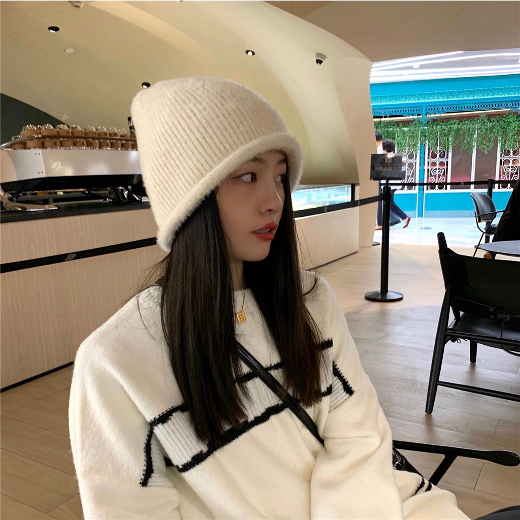 Mũ Len Giả Lông Thỏ Mềm Mại Màu Trơn Giữ Ấm Tai Dễ Phối Đồ Thời Trang Thu Đông Phong Cách Nhật Bản Cho Nữ