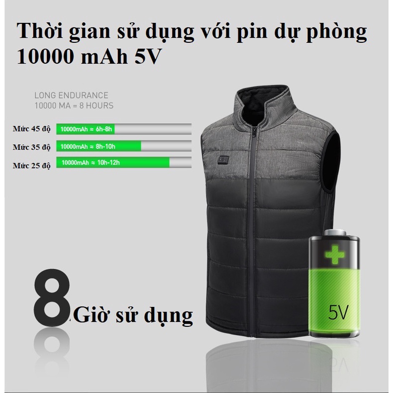 Áo Sưởi Điện Mùa Đông HA-01 Điều Chỉnh Nhiệt 25-45 Độ Cắm Sạc Dự Phòng 12V Sử Dụng 8-10 Giờ