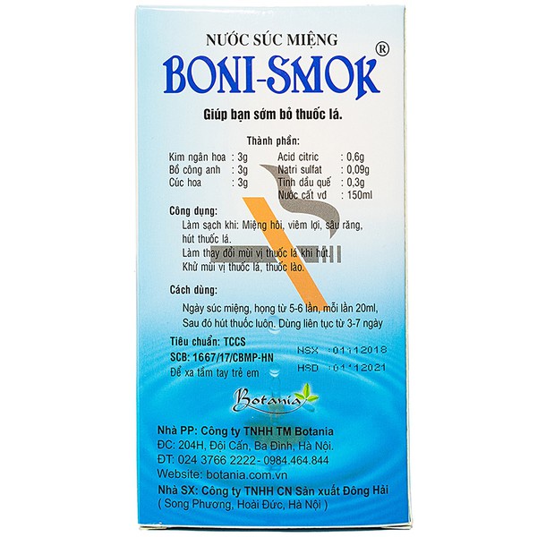 Nước súc miệng Boni-Smok Boni Smoke Boni Smok giúp bỏ thuốc lá 150ml/ 250ml