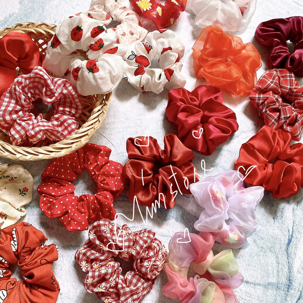 Set 5 dây cột tóc scrunchies vải TIMSTORE màu xanh dương, xanh lá, tím thời trang dễ thương