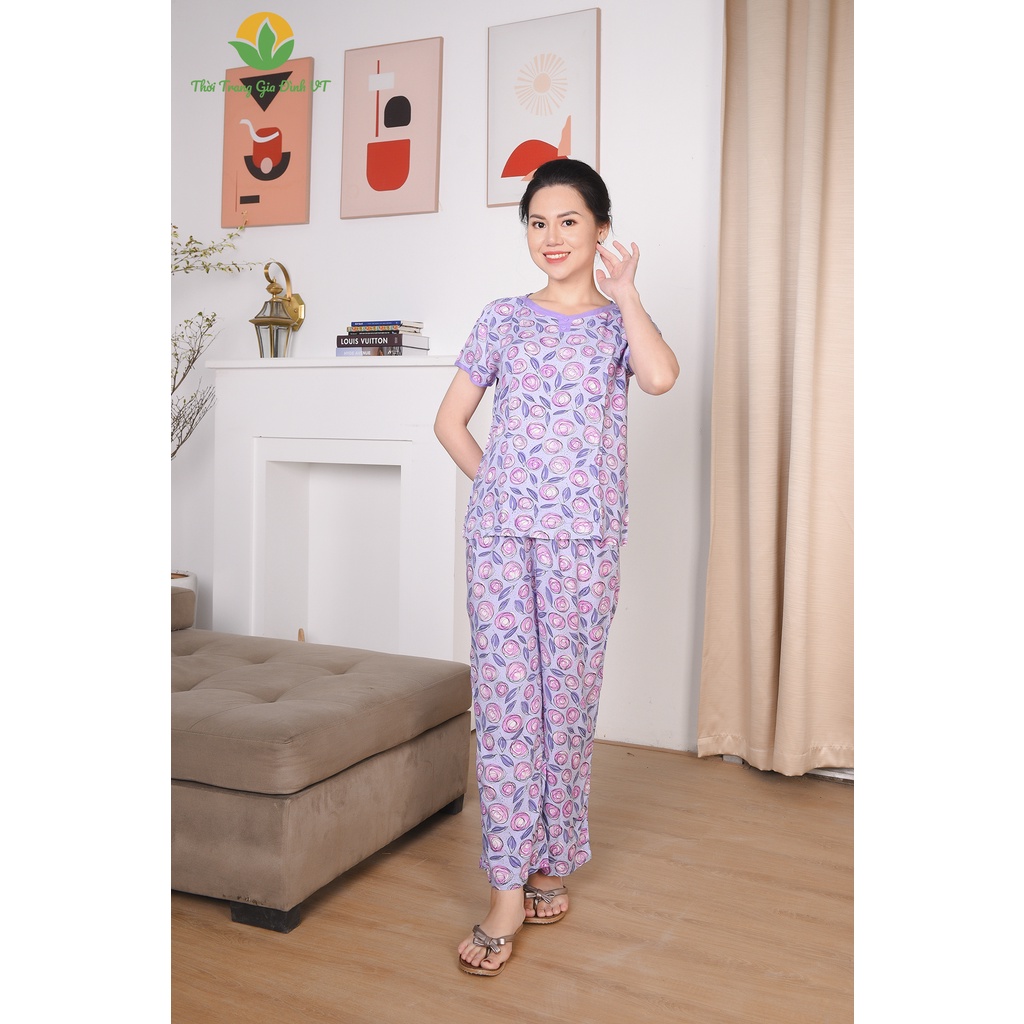 Đồ mặc nhà trung niên Việt Thắng, quần dài, áo cộc tay, chất lanh - B08.2204
