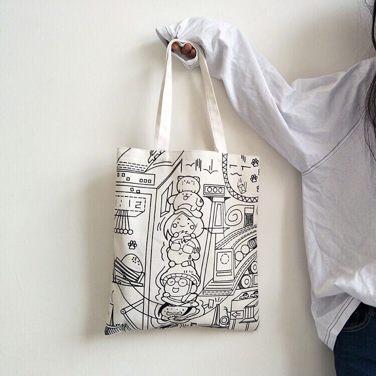 Túi tote vải dệt canvas in hình chibi ngộ nghĩnh đen trắng
