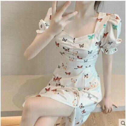 Đầm lụa xẻ tà nhún ngực tay ngắn có mút ngực xinh xắn Rose Fashion