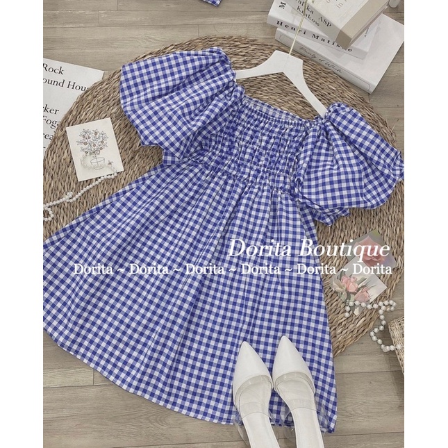 Váy trễ vai caro Daisy tay bồng Hàn Quốc, Đầm Caro xanh Daisy - Dorita Boutique | BigBuy360 - bigbuy360.vn