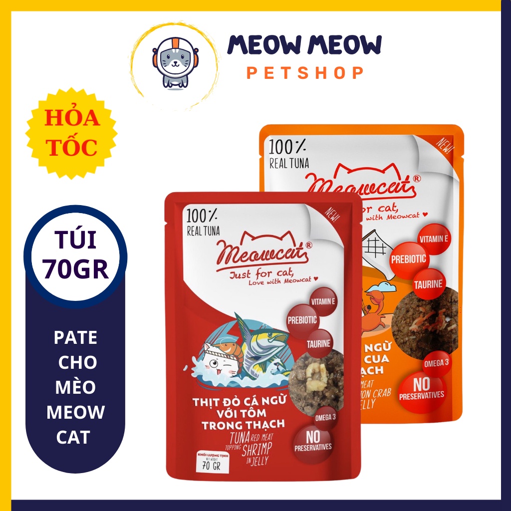 Pate cho mèo Meow Cat | Túi 70GR | Thức ăn ướt dinh dưỡng cho mèo.